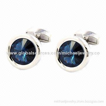 Brass Cufflinks with Dark Blue Swarovski Stone and White Steel Plated, Nickel-free